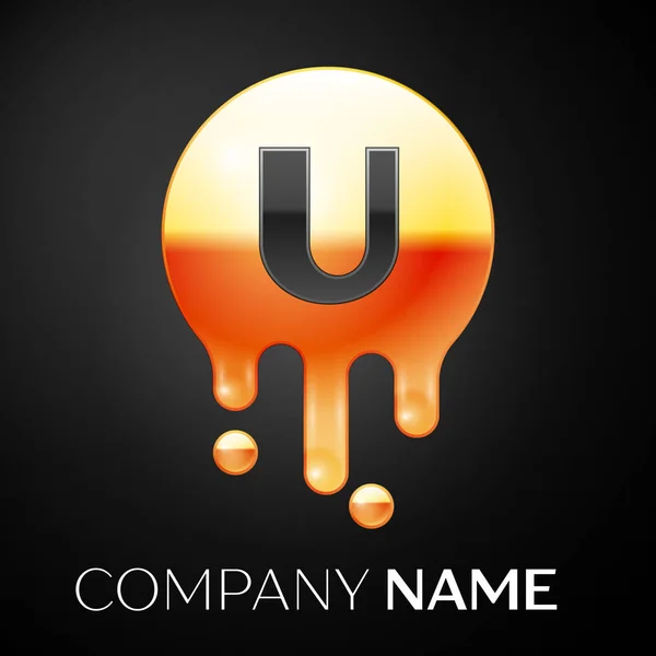 Bokstaven U splash logotyp. Gyllene prickar och bubblor brev design på svart bakgrund. Vektorillustration — Stock vektor