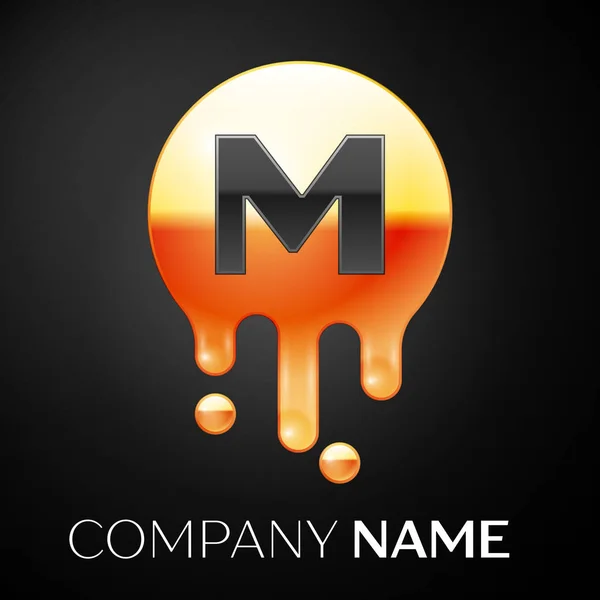 Bokstaven M splash logotyp. Gyllene prickar och bubblor brev design på svart bakgrund. Vektorillustration — Stock vektor