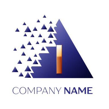 Gerçekçi altın harf ı logo sembolü beyaz arka plan üzerinde paramparça bloklarla mavi renkli piksel üçgen şeklinde. Tasarımınız için vektör şablonu