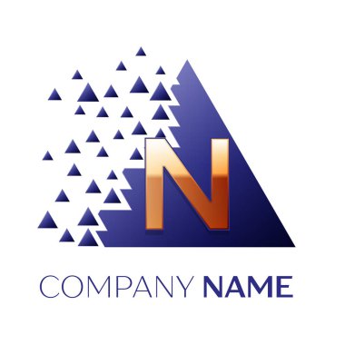 Gerçekçi altın harf N logo simgesi beyaz arka plan üzerinde paramparça bloklarla mavi renkli piksel üçgen şeklinde. Tasarımınız için vektör şablonu