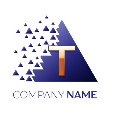 Gerçekçi altın mektup T logo simgesi beyaz arka plan üzerinde paramparça bloklarla mavi renkli piksel üçgen şeklinde. Tasarımınız için vektör şablonu