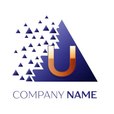 Gerçekçi altın harf U logo simgesi beyaz arka plan üzerinde paramparça bloklarla mavi renkli piksel üçgen şeklinde. Tasarımınız için vektör şablonu