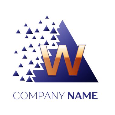 Gerçekçi altın harf W logo simgesi beyaz arka plan üzerinde paramparça bloklarla mavi renkli piksel üçgen şeklinde. Tasarımınız için vektör şablonu