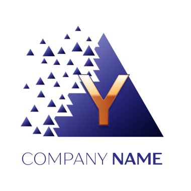 Gerçekçi altın harf Y logo simgesi beyaz arka plan üzerinde paramparça bloklarla mavi renkli piksel üçgen şeklinde. Tasarımınız için vektör şablonu