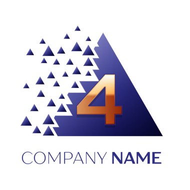 Gerçekçi altın sayı dört logo simgesi beyaz arka plan üzerinde paramparça bloklarla mavi renkli piksel üçgen şeklinde. Tasarımınız için vektör şablonu