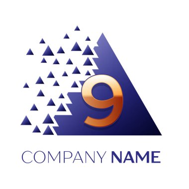 Gerçekçi altın Number Nine logo simgesi beyaz arka plan üzerinde paramparça bloklarla mavi renkli piksel üçgen şeklinde. Tasarımınız için vektör şablonu