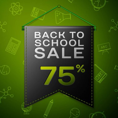 Geri için okul satış yetmiş beş yüzde indirim yeşil arka plan üzerinde yazıt ile gerçekçi siyah bayrağı. Okul elemanları ile Seamless modeli. Satılık konsept mağaza için. Vektör çizim
