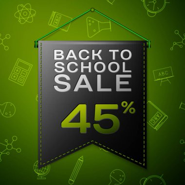 Geri için okul satış kırk beş yüzde indirim yeşil arka plan üzerinde yazıt ile gerçekçi siyah bayrağı. Okul elemanları ile Seamless modeli. Satılık konsept mağaza mağaza için. Vektör çizim