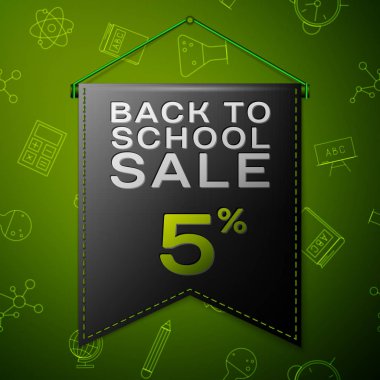 Gerçekçi siyah bayrağı yazıt için okul satış %5 indirim sırtında yeşil arka plan ile. Okul elemanları ile Seamless modeli. Satılık konsept mağaza mağaza için. Vektör çizim