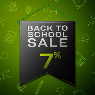 Gerçekçi siyah bayrağı yazıt için okul satış yüzde yedi indirimler sırtında yeşil arka plan ile. Okul elemanları ile Seamless modeli. Satılık konsept mağaza mağaza için. Vektör çizim