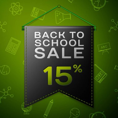 Gerçekçi siyah bayrağı yazıt için okul satış yüzde onbeş indirimler sırtında yeşil arka plan ile. Okul elemanları ile Seamless modeli. Satılık konsept mağaza mağaza için. Vektör çizim