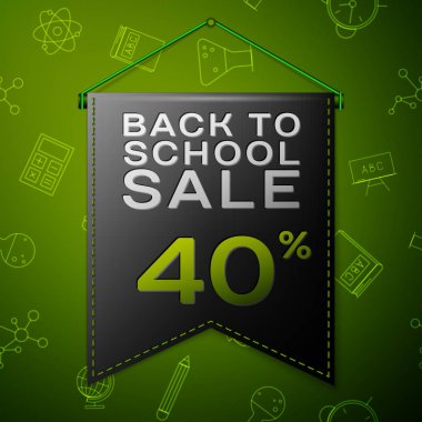 Gerçekçi siyah bayrağı yazıt için okul satış yüzde 40 indirim sırtında yeşil arka plan ile. Okul elemanları ile Seamless modeli. Satılık konsept mağaza mağaza için. Vektör çizim