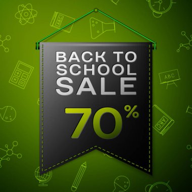 Gerçekçi siyah bayrağı yazıt için okul satış % 70'i indirimler sırtında yeşil arka plan ile. Okul elemanları ile Seamless modeli. Satılık konsept mağaza mağaza için. Vektör çizim