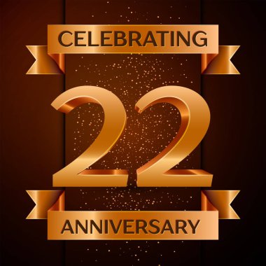 Gerçekçi yirmi iki yıl yıldönümü kutlamaları tasarım afiş. Altın sayı, konfeti ve şerit kahverengi zemin üzerinde. Doğum günü partin için renkli vektör şablon öğeleri