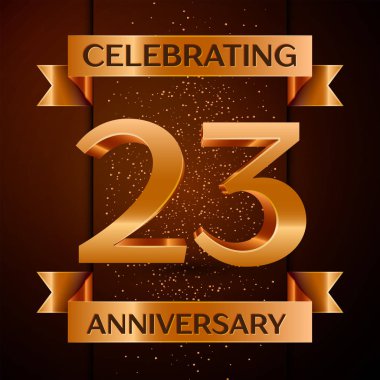 Gerçekçi yirmi üç yıl yıldönümü kutlamaları tasarım afiş. Altın sayı, konfeti ve şerit kahverengi zemin üzerinde. Doğum günü partin için renkli vektör şablon öğeleri
