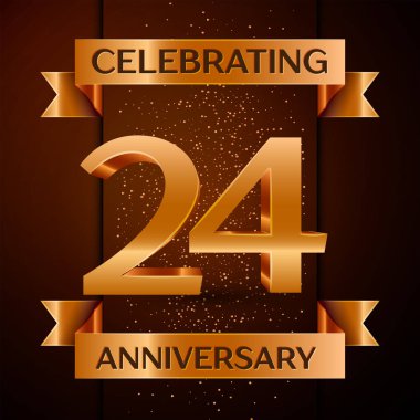 Gerçekçi yirmi dört yıl yıldönümü kutlamaları tasarım afiş. Altın sayı, konfeti ve şerit kahverengi zemin üzerinde. Doğum günü partin için renkli vektör şablon öğeleri