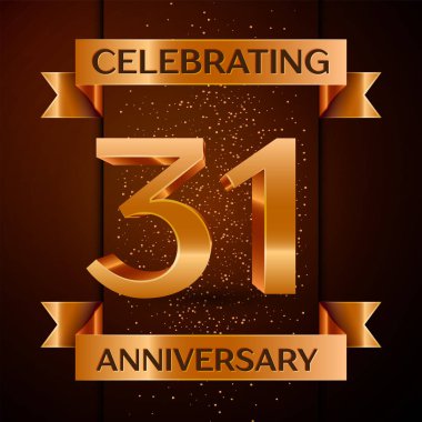 Gerçekçi otuz bir yıl yıldönümü kutlamaları tasarım afiş. Altın sayı, konfeti ve şerit kahverengi zemin üzerinde. Doğum günü partin için renkli vektör şablon öğeleri