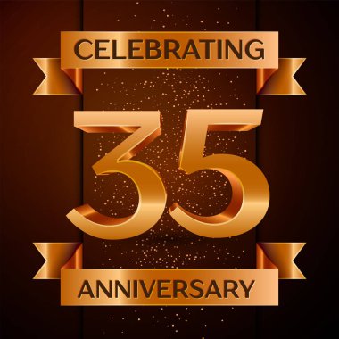 Gerçekçi otuz beş yıl yıldönümü kutlamaları tasarım afiş. Altın sayı, konfeti ve şerit kahverengi zemin üzerinde. Doğum günü partin için renkli vektör şablon öğeleri