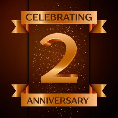 Gerçekçi iki yıl yıldönümü kutlamaları tasarım afiş. Altın sayı, konfeti ve şerit kahverengi zemin üzerinde. Doğum günü partin için renkli vektör şablon öğeleri