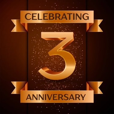 Gerçekçi üç yıl yıldönümü kutlamaları tasarım afiş. Altın sayı, konfeti ve şerit kahverengi zemin üzerinde. Doğum günü partin için renkli vektör şablon öğeleri