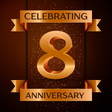 Gerçekçi sekiz yıl yıldönümü kutlamaları tasarım afiş. Altın sayı, konfeti ve şerit kahverengi zemin üzerinde. Doğum günü partin için renkli vektör şablon öğeleri