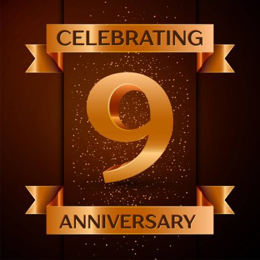 Gerçekçi dokuz yıl yıldönümü kutlamaları tasarım afiş. Altın sayı, konfeti ve şerit kahverengi zemin üzerinde. Doğum günü partin için renkli vektör şablon öğeleri