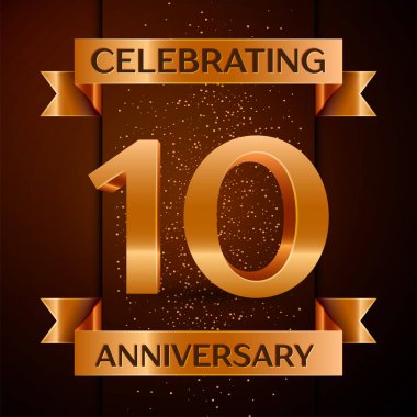 Gerçekçi on yıl yıldönümü kutlamaları tasarım afiş. Altın sayı, konfeti ve şerit kahverengi zemin üzerinde. Doğum günü partin için renkli vektör şablon öğeleri