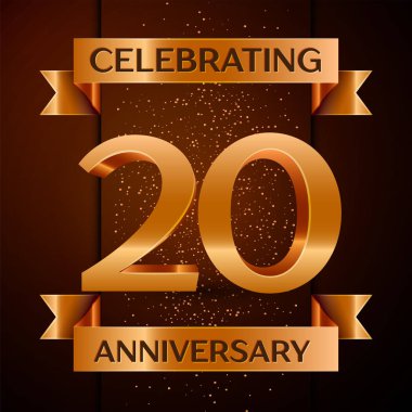 Gerçekçi yirmi yıl yıldönümü kutlamaları tasarım afiş. Altın sayı, konfeti ve şerit kahverengi zemin üzerinde. Doğum günü partin için renkli vektör şablon öğeleri