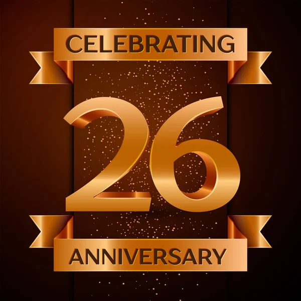 Realistische twintig zes jaar Anniversary Celebration ontwerp banner. Gouden getal, confetti en lint op bruine achtergrond. Kleurrijke vectorelementen sjabloon voor uw verjaardagspartij — Stockvector