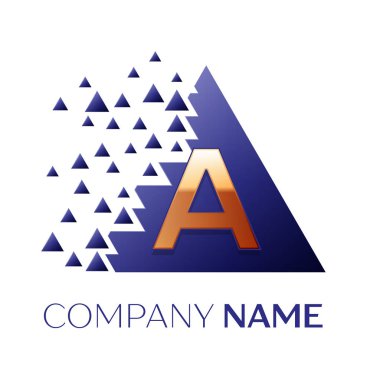 Gerçekçi altın blok beyaz zemin üzerine mavi renkli piksel üçgen şekli ile bir logo simge paramparça mektup. Tasarımınız için vektör şablonu