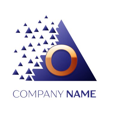 Gerçekçi altın harf O logo simgesi beyaz arka plan üzerinde paramparça bloklarla mavi renkli piksel üçgen şeklinde. Tasarımınız için vektör şablonu