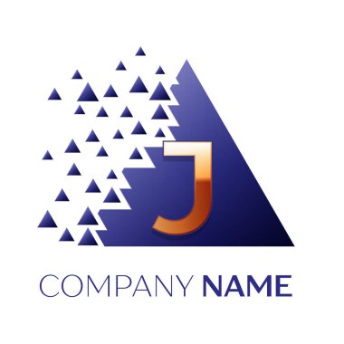 Gerçekçi altın harf J logo simgesi beyaz arka plan üzerinde paramparça bloklarla mavi renkli piksel üçgen şeklinde. Tasarımınız için vektör şablonu