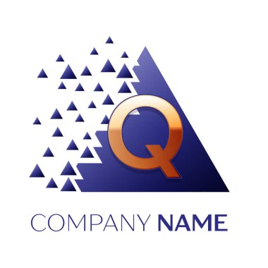 Gerçekçi altın harf Q logo simgesi beyaz arka plan üzerinde paramparça bloklarla mavi renkli piksel üçgen şeklinde. Tasarımınız için vektör şablonu
