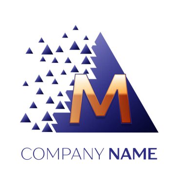 Gerçekçi altın harf M logosu simgesi beyaz arka plan üzerinde paramparça bloklarla mavi renkli piksel üçgen şeklinde. Tasarımınız için vektör şablonu