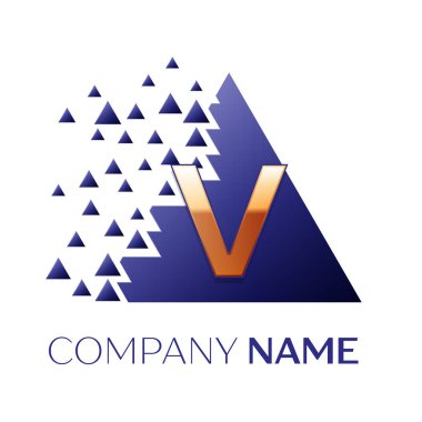 Gerçekçi altın harf V logo simgesi beyaz arka plan üzerinde paramparça bloklarla mavi renkli piksel üçgen şeklinde. Tasarımınız için vektör şablonu
