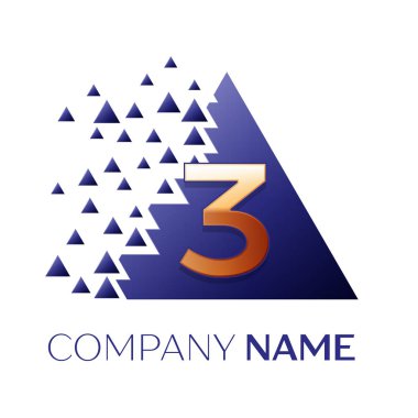 Gerçekçi altın üç numara logo simgesi beyaz arka plan üzerinde paramparça bloklarla mavi renkli piksel üçgen şeklinde. Tasarımınız için vektör şablonu