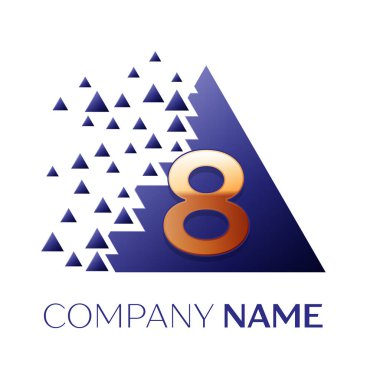 Gerçekçi altın sekiz numara logo simgesi beyaz arka plan üzerinde paramparça bloklarla mavi renkli piksel üçgen şeklinde. Tasarımınız için vektör şablonu