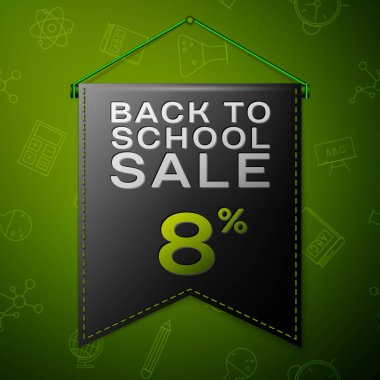 Gerçekçi siyah bayrağı yazıt için okul satış yüzde sekiz indirimler sırtında yeşil arka plan ile. Okul elemanları ile Seamless modeli. Satılık konsept mağaza mağaza için. Vektör çizim