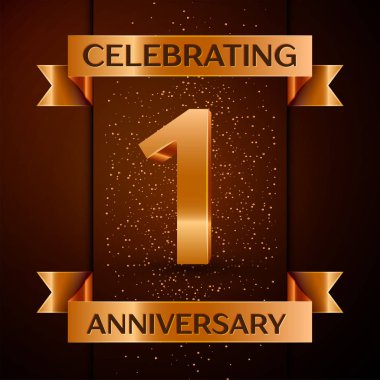 Gerçekçi bir yıl yıldönümü kutlamaları tasarım afiş. Altın sayı, konfeti ve şerit kahverengi zemin üzerinde. Doğum günü partin için renkli vektör şablon öğeleri