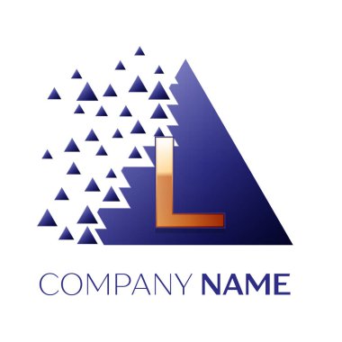 Gerçekçi altın L harfi logo simgesi beyaz arka plan üzerinde paramparça bloklarla mavi renkli piksel üçgen şeklinde. Tasarımınız için vektör şablonu