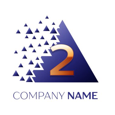 Gerçekçi altın iki numara logo simgesi beyaz arka plan üzerinde paramparça bloklarla mavi renkli piksel üçgen şeklinde. Tasarımınız için vektör şablonu