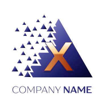 Gerçekçi altın harf X logosu simgesi beyaz arka plan üzerinde paramparça bloklarla mavi renkli piksel üçgen şeklinde. Tasarımınız için vektör şablonu