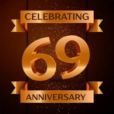 Gerçekçi altmış dokuz yıl yıldönümü kutlamaları tasarım afiş. Altın sayı, konfeti ve şerit kahverengi zemin üzerinde. Doğum günü partin için renkli vektör şablon öğeleri