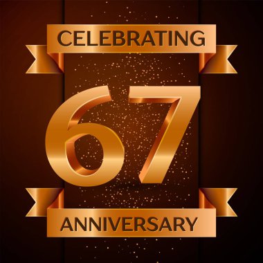 Gerçekçi altmış yedi yıl yıldönümü kutlamaları tasarım afiş. Altın sayı, konfeti ve şerit kahverengi zemin üzerinde. Doğum günü partin için renkli vektör şablon öğeleri