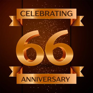 Gerçekçi altmış altı yıl yıldönümü kutlamaları tasarım afiş. Altın sayı, konfeti ve şerit kahverengi zemin üzerinde. Doğum günü partin için renkli vektör şablon öğeleri