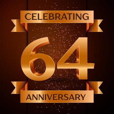 Gerçekçi altmış dört yıl yıldönümü kutlamaları tasarım afiş. Altın sayı, konfeti ve şerit kahverengi zemin üzerinde. Doğum günü partin için renkli vektör şablon öğeleri