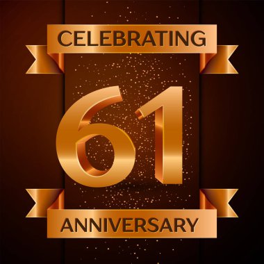 Gerçekçi altmış bir yıl yıldönümü kutlamaları tasarım afiş. Altın sayı, konfeti ve şerit kahverengi zemin üzerinde. Doğum günü partin için renkli vektör şablon öğeleri