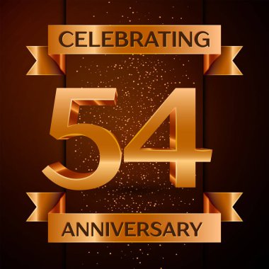 Gerçekçi elli dört yıl yıldönümü kutlamaları tasarım afiş. Altın sayı, konfeti ve şerit kahverengi zemin üzerinde. Doğum günü partin için renkli vektör şablon öğeleri