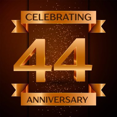 Gerçekçi kırk dört yıl yıldönümü kutlamaları tasarım afiş. Altın sayı, konfeti ve şerit kahverengi zemin üzerinde. Doğum günü partin için renkli vektör şablon öğeleri