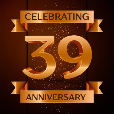 Gerçekçi otuz dokuz yıl yıldönümü kutlamaları tasarım afiş. Altın sayı, konfeti ve şerit kahverengi zemin üzerinde. Doğum günü partin için renkli vektör şablon öğeleri